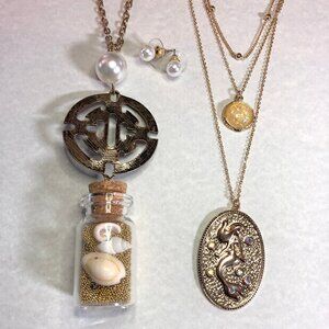 Gold Mermaid Seashell Layered Necklace Beach Wish Bottle AB Rhinestone 3 Pc Set